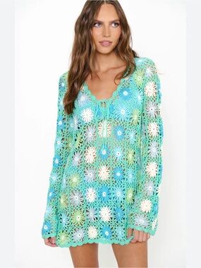 Show Me Your MuMu Aqua & Mint Crochet Floral Tunic